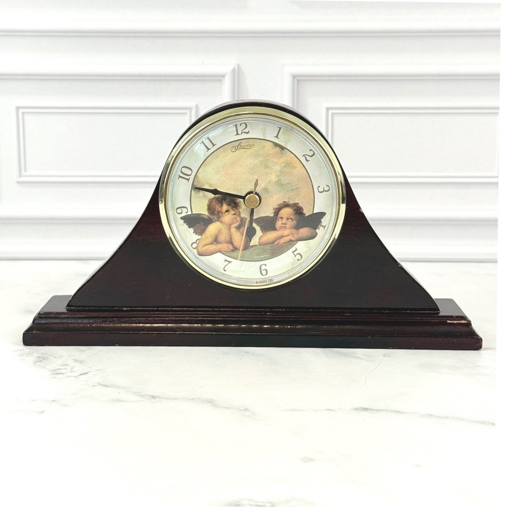 VTG 1990s Spartus Quartz Mini Wooden Mantle Clock Cherub Scene 9" X 5"